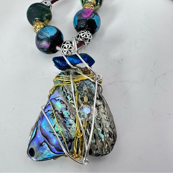 Handcrafted Abalone Shell Pendant Assemblage Art Mixed Media Necklace Leather - Picture 3 of 11